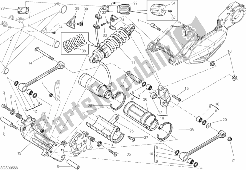 All parts for the Rear Shock Absorber of the Ducati Diavel Carbon FL Thailand-Brasil 1200 2015
